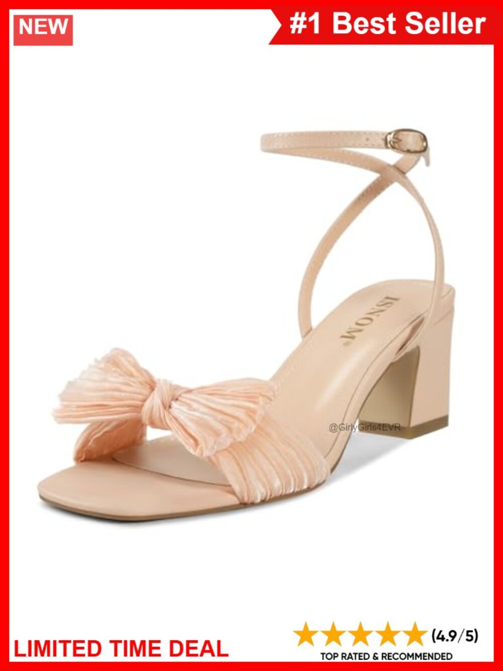 ISNOM Organza Bow Heeled Sandals Square Toe Ankle Strap Dress Shoes